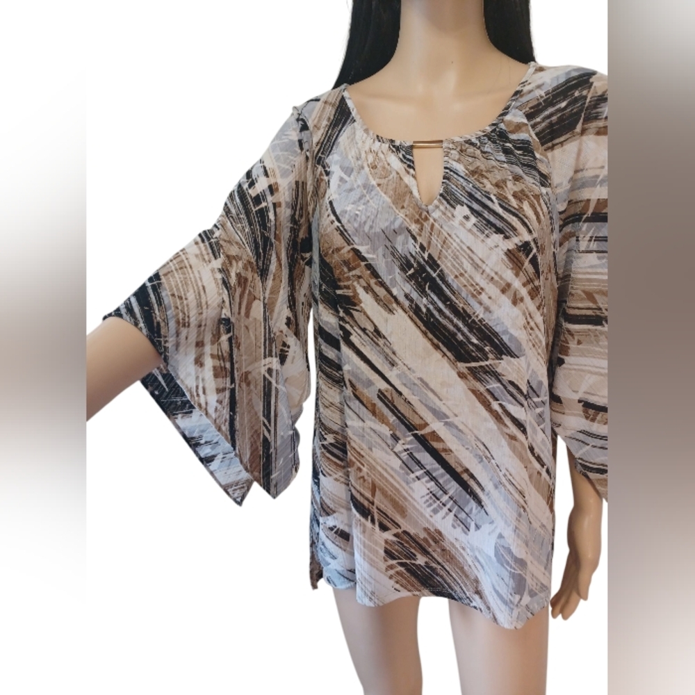 Dana Buchman White, Black & Brown Abstract Pattern Blouse - Picture 3 of 15